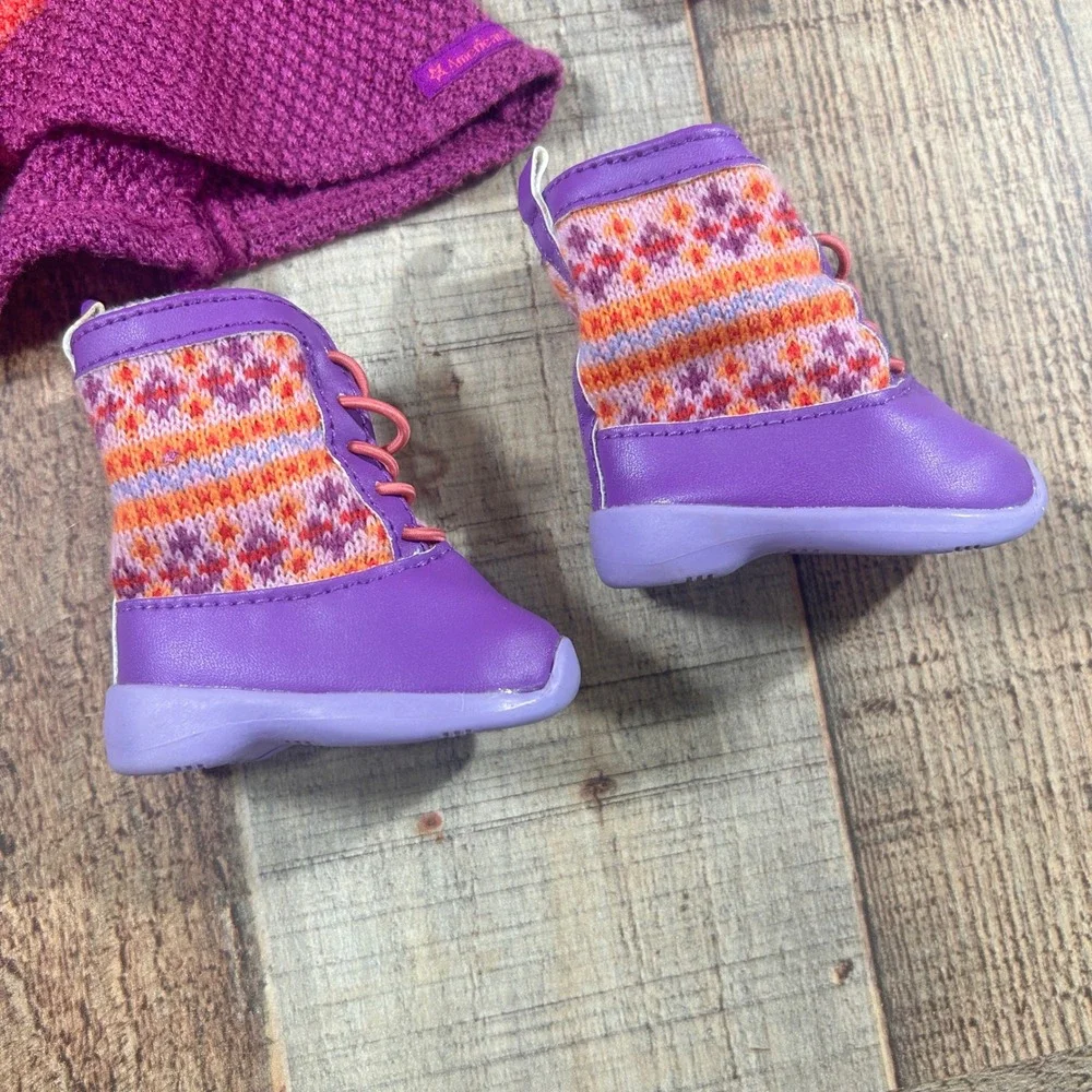 American Girl Doll Warm Winter Purple Orange Striped Sweater Winter Boots Outfit